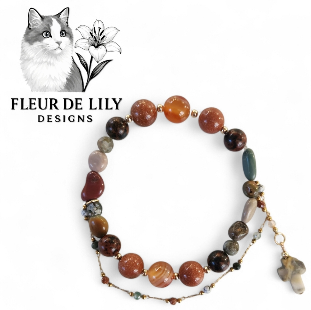 Natural 8mm Crystal Carnelian and Sandstone Beaded Bracelet With Agate Cross